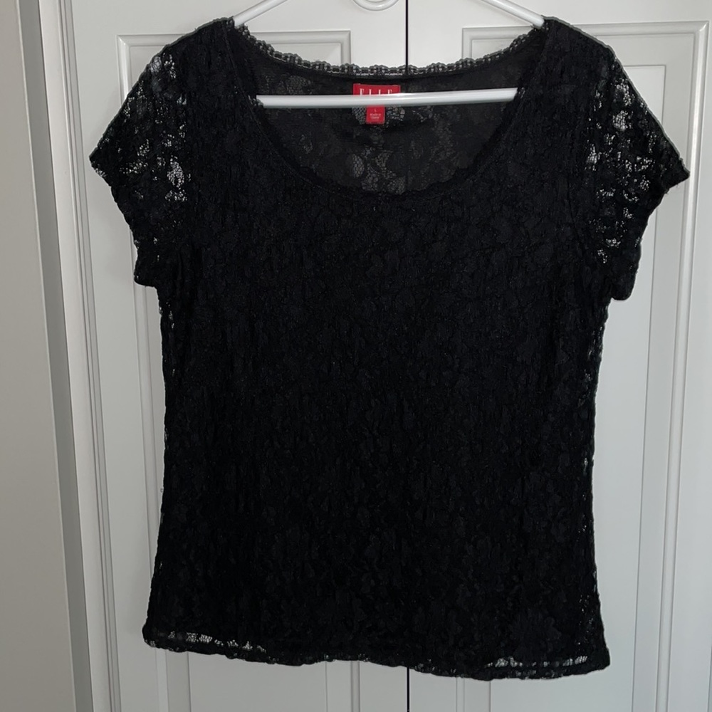Women’s Elle Black Lace Top with Lining Size Large Short Sleeve